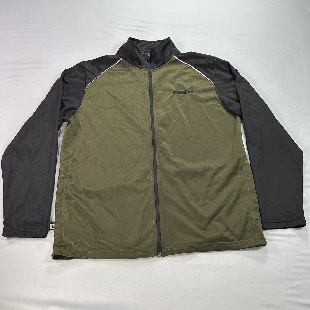 AND1 Full Zip Jacket Mens Large Olive Black Athletic Track Jacket 100% Polyester